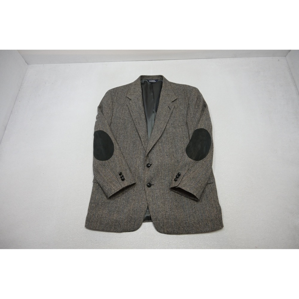 VTG Briar Blazer Men 44R Grey Herringbone Tweed Elbow Patches Excellent